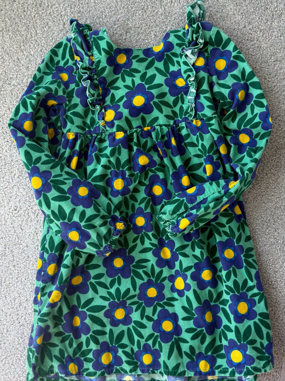 Girls' Green Floral Long-Sleeve Dress with Ruffle Straps